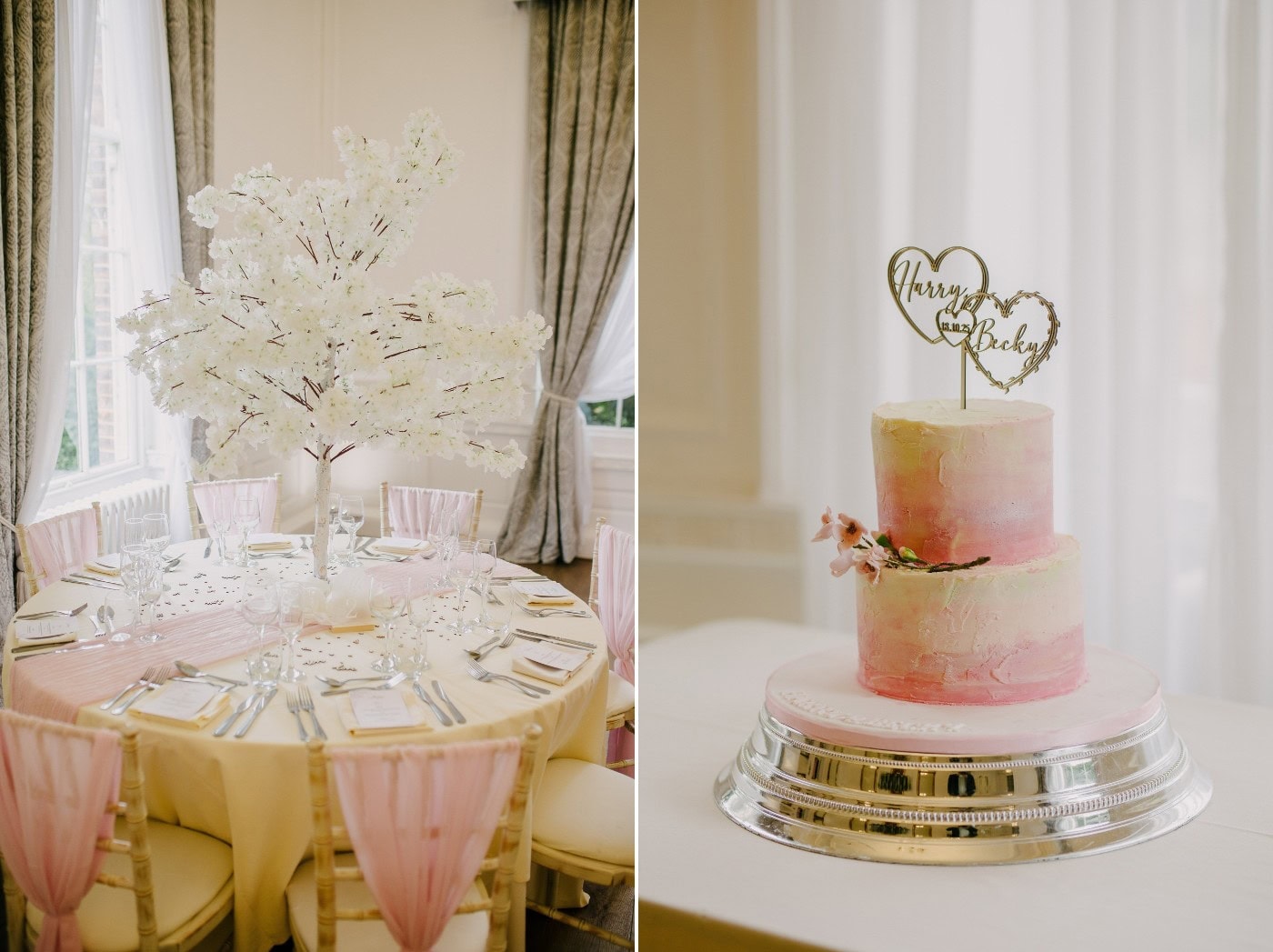 A blossom tree centrepiece next to the blush pink wedding cake