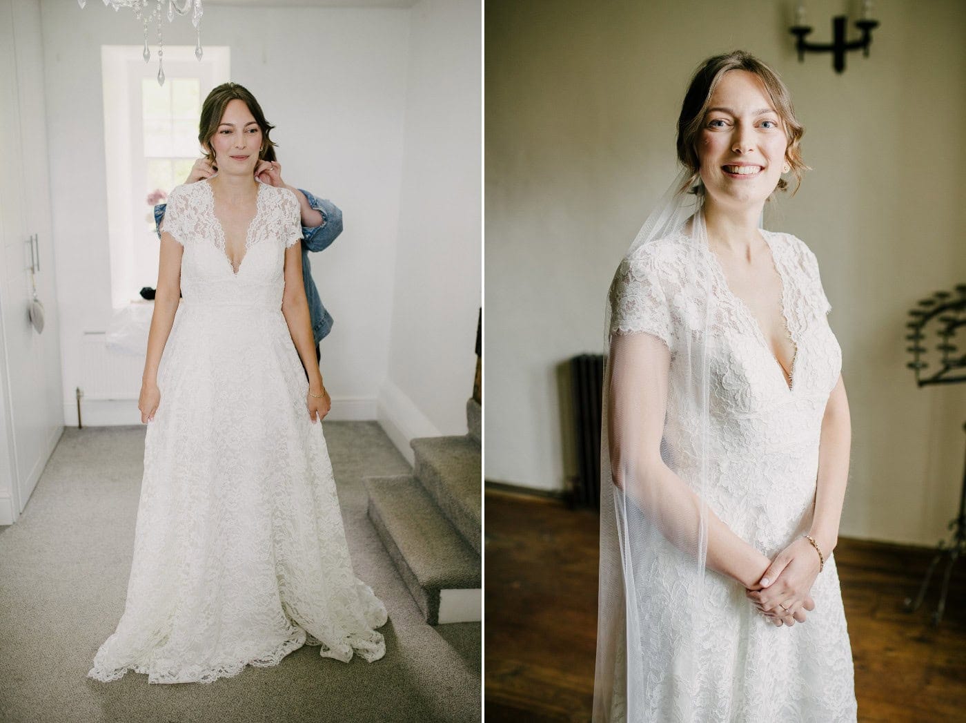 Ellie in her lace wedding dress at Danby Castle, ready for the ceremony