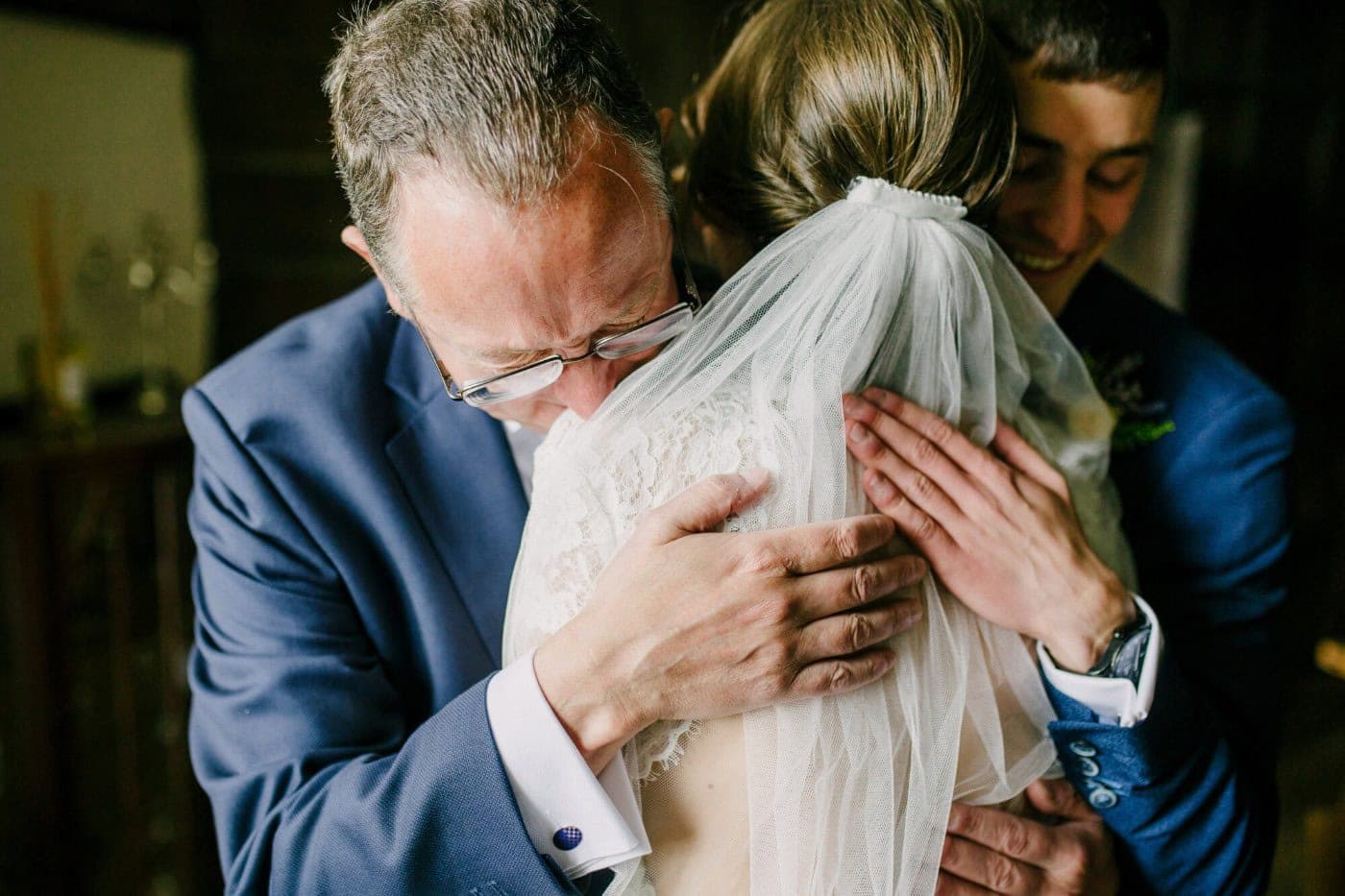 Ellie's dad hugging her at Danby Castle when he sees her in her wedding dress for the first time