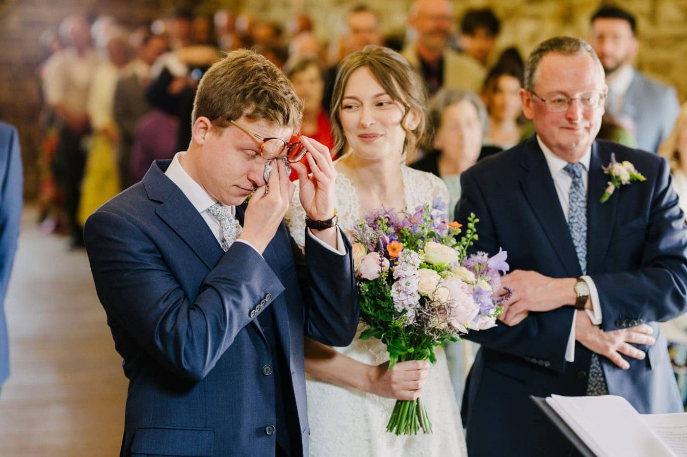 George wiping away a tear as Ellie arrives at the front of the barn at Danby Castle