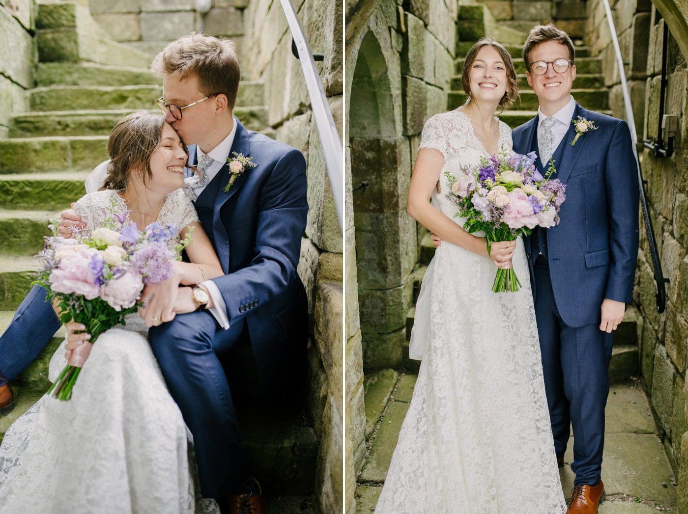 Couple portraits on the castle steps and in an old stone doorway at Danby Castle