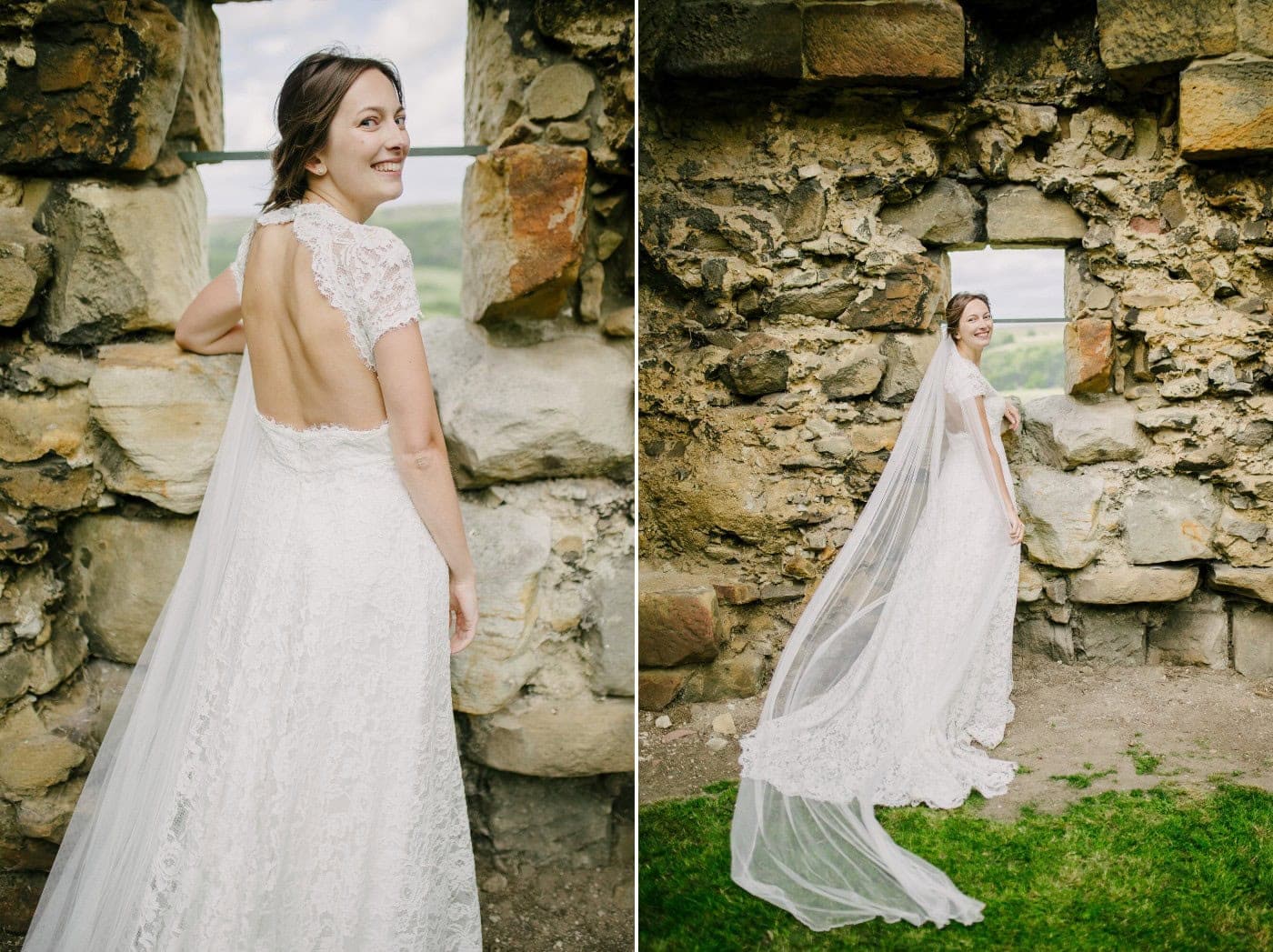 Ellie's open back lace dress and her veil in the castle ruins