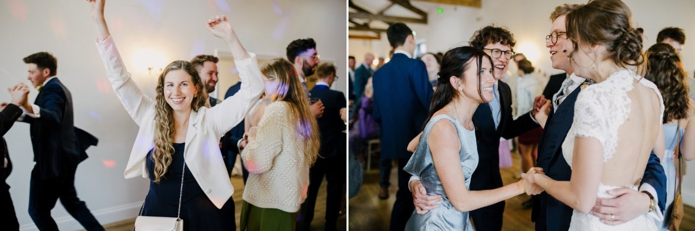 Guests dancing at the evening party in the stone barn at Danby Castle as the dance floor fills up