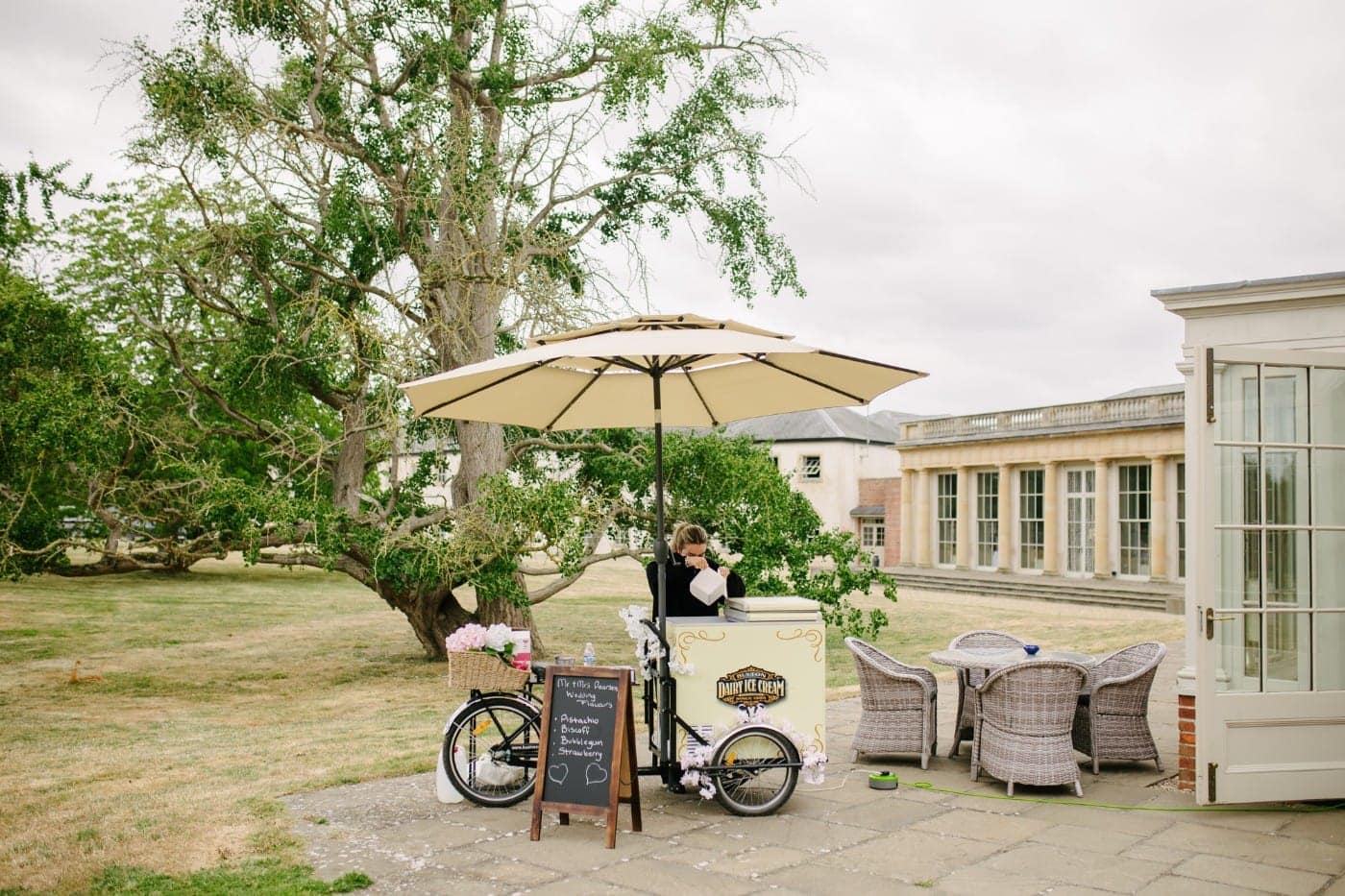 Ice cream cart on the lawn at Stubton Hall during the drinks reception in the July heat